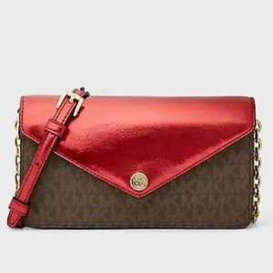 Michael Kors Signature Logo Brown and Crimson Crossbody Bag